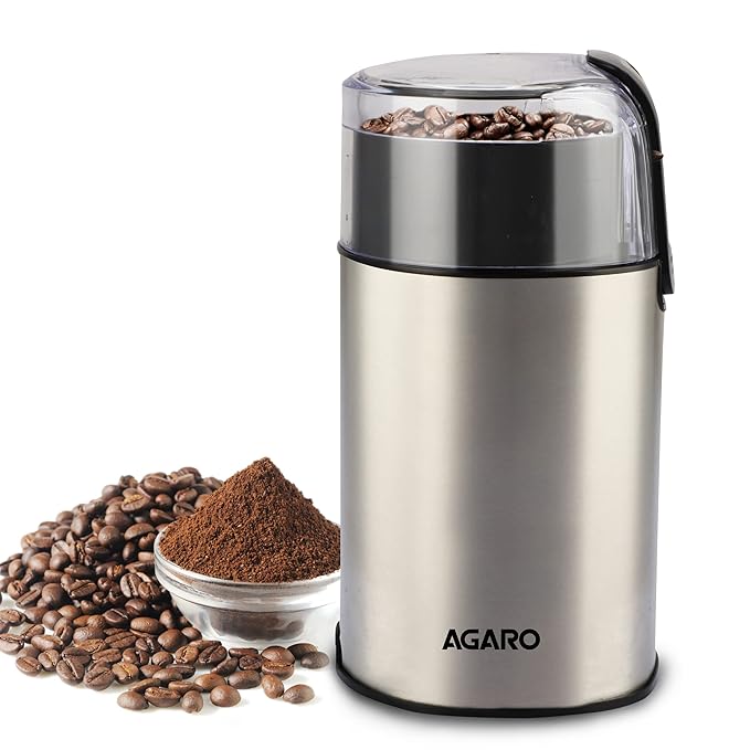 AGARO Grand Electric Coffee Grinder, Stainless Steel Blades, Grinds up to 60 Grams Dry Coffee Beans, Portable, Silver