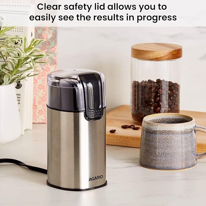 AGARO Grand Electric Coffee Grinder, Stainless Steel Blades, Grinds up to 60 Grams Dry Coffee Beans, Portable, Silver